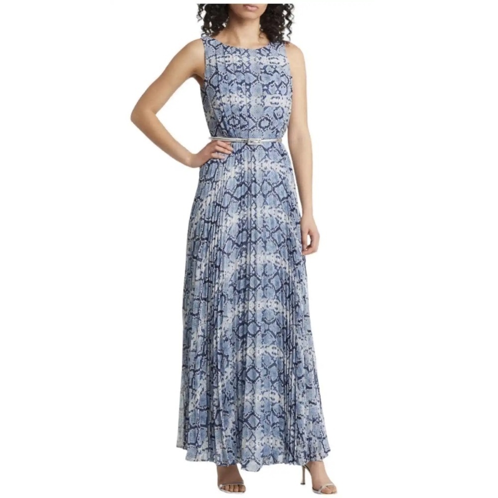 NEW Eliza J Snake Print Pleated Sleeveless Belted Maxi Dress Sz. 4 - Picture 2 of 7